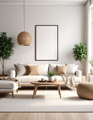Sunlit Japandi Living Room with Woven Textures and Blank Frame Mockup.