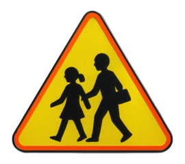Triangular school zone sign with yellow background and black silhouettes
