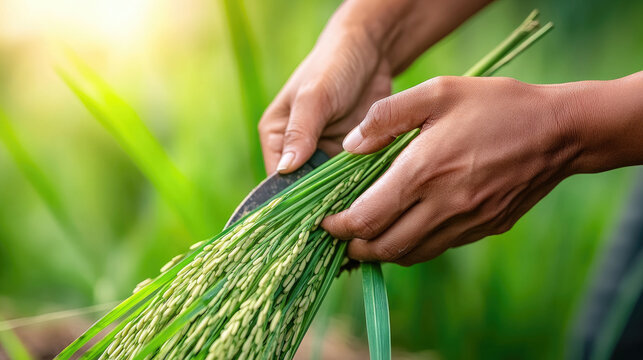 Close-up of weathered hands gripping traditional sickle, cutting golden rice stalks in verdant paddy, showcasing generational agricultural labor and cultural farming practices