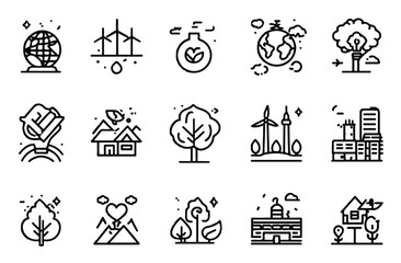 Naklejka premium Clean energy and sustainability vector icon set featuring wind power global conservation eco friendly homes and green technologies