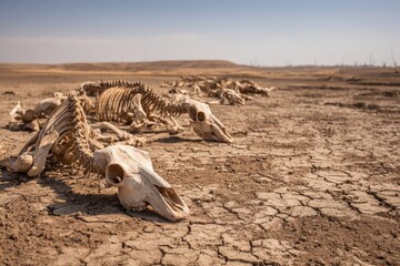 Animal skeletons scattered in a cracked, dry, barren landscape under a sunny sky