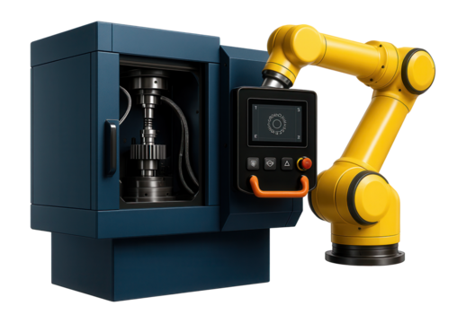 Multi-axis gear shaping machine with robotic arm for automated loading and unloading in a high-tech manufacturing facility