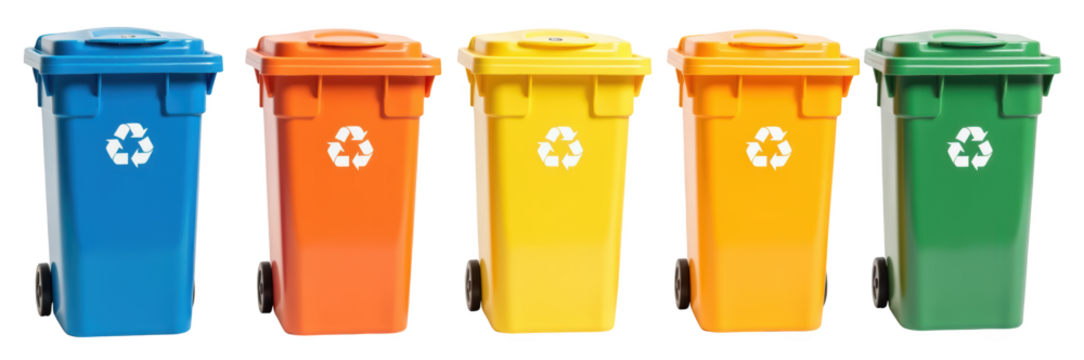 Colorful recycling bins arranged row, featuring blue, orange, yellow, green, and yellow colors, promoting environmental awareness and waste
