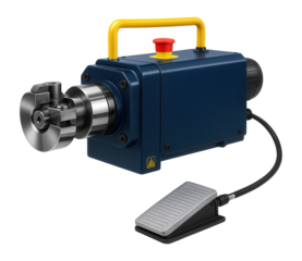 Electric rebar bender with a rotating head and foot pedal control for a bridge construction project.