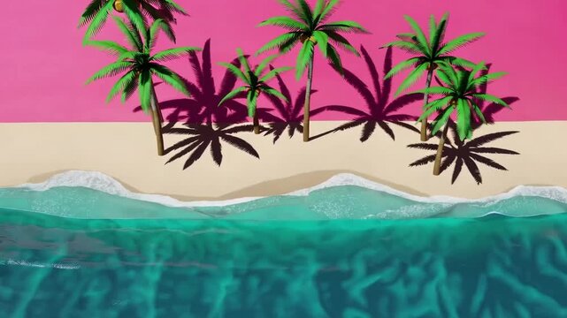 Three-Dimensional Render of Equatorial Shoreline Scene on Rose-Colored Base