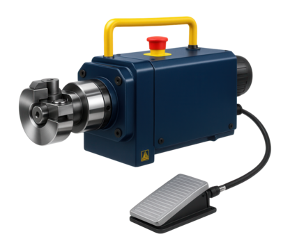 Electric rebar bender with a rotating head and foot pedal control for a bridge construction project.