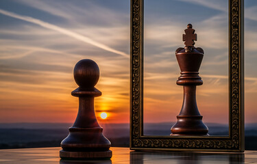 Chess Pawn Reflecting as a King in a Golden Frame at Sunset chess piece reflection