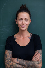 Confident woman with tattoos poses in front of a chalkboard, showcasing her artistic body ink and stylish hairstyle in a modern classroom setting