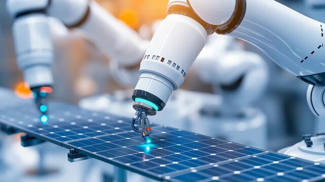 Robotic arms working on solar panel in automated factory