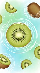 Kiwi fruit slices and halves arranged over a blue and green watercolor background with swirl patterns