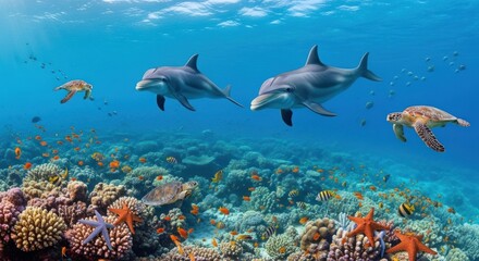 Fototapeta premium Vibrant Coral Reef: Dolphins, Turtles, and Fish in Underwater Paradise