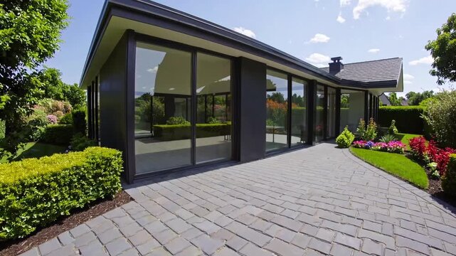modern glass enclosed room or conservatory addition projecting into the outdoor garden space, encircled by patio made of block paving