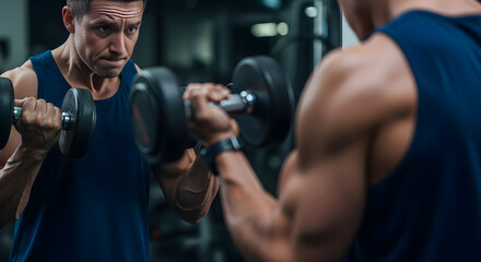 Focused Man Doing Bicep Curls with Dumbbells.