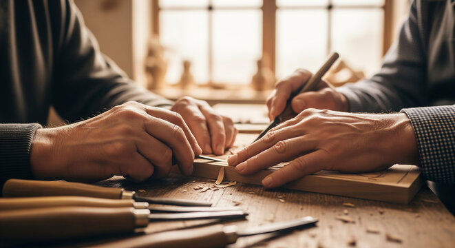 Elderly Craftsman Teaching Woodworking to an Apprentice