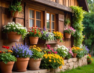 Fototapeta premium Wooden house facade adorned with colorful flower pots