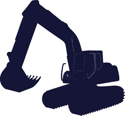 Dark blue excavator silhouette with bucket raised and teeth visible digger construction © TUTUL