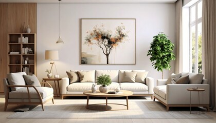 Sunlit Japandi Sanctuary with Abstract Tree Artwork and Light Wood Furnishings.