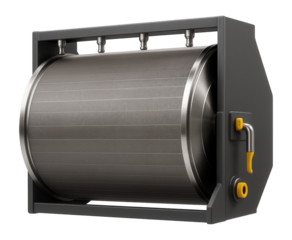 Rotary drum screen with a fine mesh and spray nozzles for screening solids in an industrial wastewater processing plant.