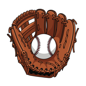 Brown baseball glove holding a white baseball with red stitching The glove is leather