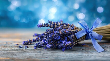 Fototapeta premium Wooden_surface_with_lavender_sprigs_tied