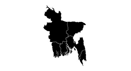 Black and white map showcasing the administrative divisions of Bangladesh.