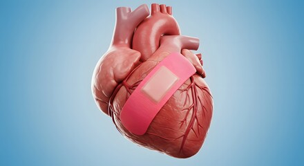 Anatomical Heart with Pink Bandage on Light Blue Background