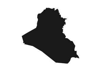 A simple, black silhouette of the country Iraq against a white background.