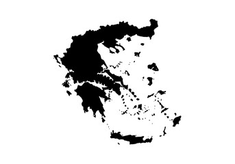 A black silhouette of the country of Greece, with its many islands, against a white background.
