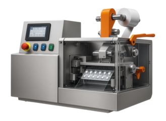 Continuous motion blister packaging machine with a color-coded control panel for efficient operation in a pharmaceutical factory.