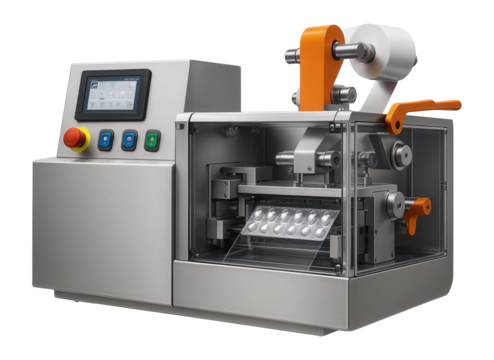Continuous motion blister packaging machine with a color-coded control panel for efficient operation in a pharmaceutical factory.