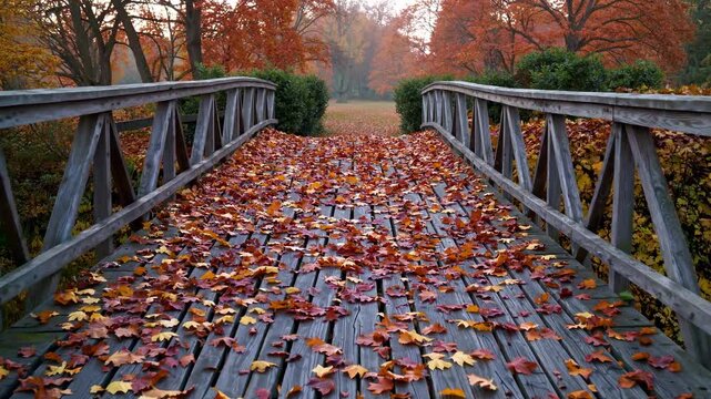Wooden bridge covered with fallen leaves in autumn scenery  