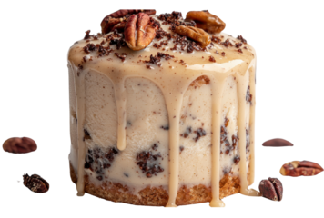 Creamy dessert with pecans and caramel drizzle, perfect for sweet cravings