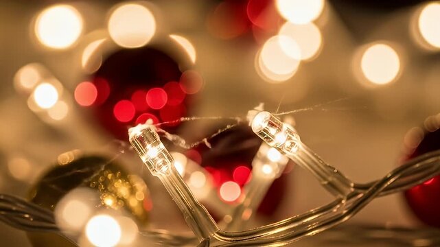 Close-up of string lights with red & gold orbs, in soft focus, creating a warm glow