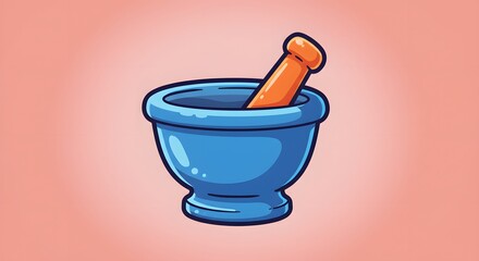 Blue Mortar and Orange Pestle on Pink Background Cartoon Style