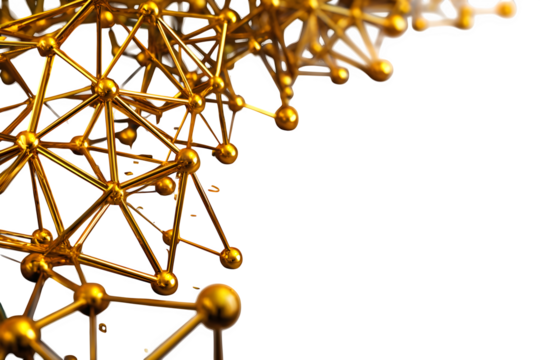 Gold foil network-style border made of fine triangle meshes and nodes, connected by lines with reflective foil sheen, tech-meets-luxury design, white background, isolated to transparent background