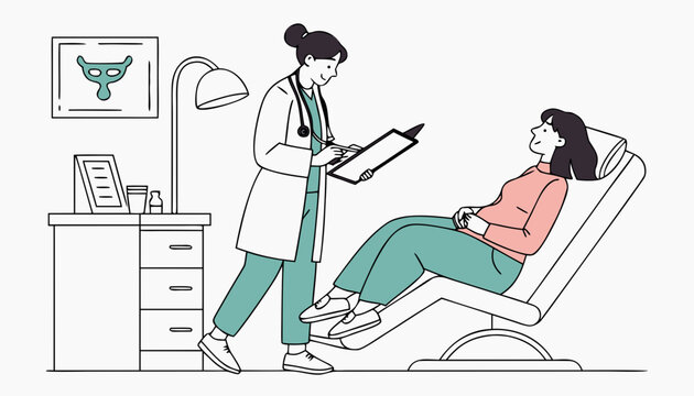 Doctor examining patient in gynecological chair. Woman visiting doctor for cervix checkup screening. Flat vector illustration for gynecology, obstetrics, medical examination concept, hospital view