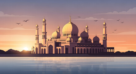 Vector flat illustration of a grand mosque on the riverbank, evening gradient sky, birds flying across, calm and serene mood