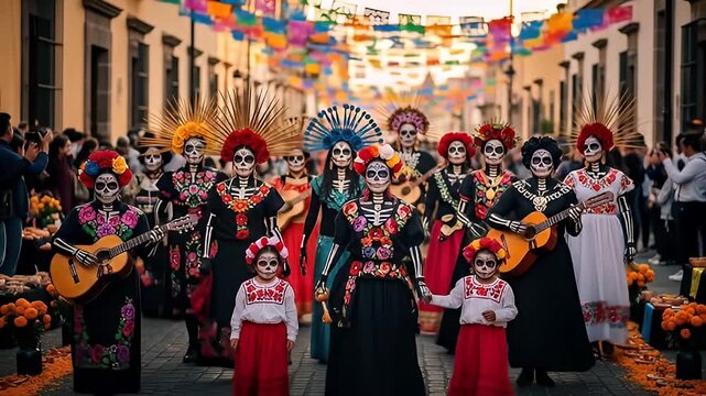 Day of the Dead parade on street. Colorful costumes, makeup, music, and festivities