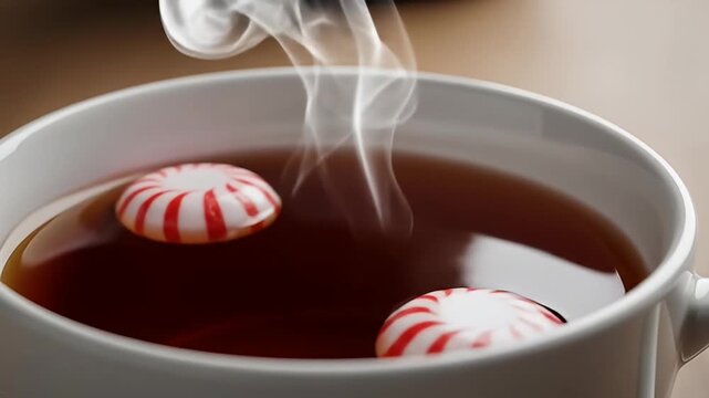 Steaming cup with tea and round, patterned candies. Close-up, cozy beverage scene
