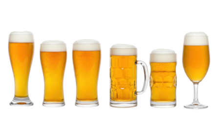 Seven distinct beer glasses (pilsner, stein, dimpled, pint, tulip) filled with golden lager and frothy head, on transparent studio background with copy space. Concept of beverage diversity.