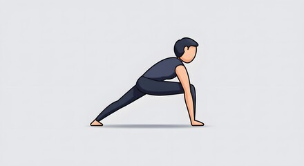 Dark Haired Person in Black Clothing Practicing Yoga in Warrior Pose on Light Gray Background