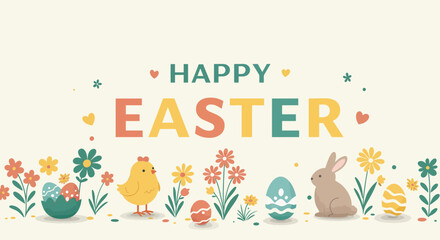 Delightful Happy Easter Illustration with Colorful Elements and Floral Accents