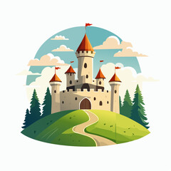 Castello fiabesco in collina con torri medievali e bandiere rosse