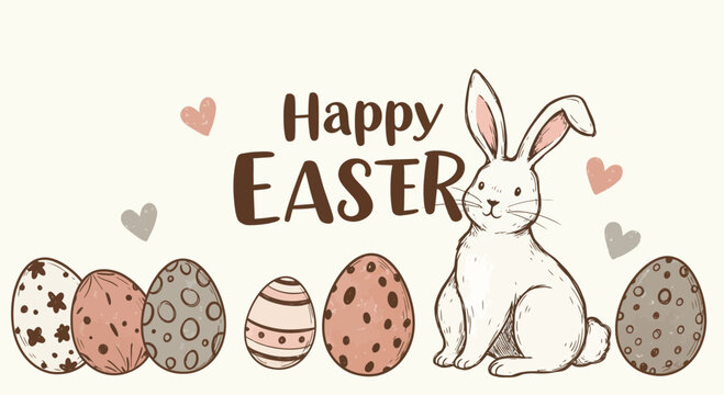 Charming happy easter illustration featuring bunny, decorated eggs and heart doodles