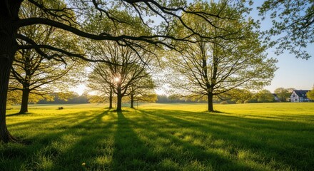 Fototapeta premium Golden Hour Sunburst Through Spring Trees Casting Long Shadows on a Lush Meadow.