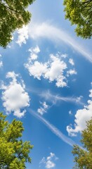 Obraz premium Sky filled with bright white clouds framed by green tree foliage at the top bottom corners