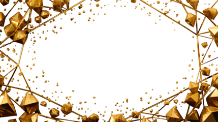 Gold foil overlay frame with scattered geometric shards and minimal polygon shapes on edges, futuristic aesthetic, white background, isolated to transparent background