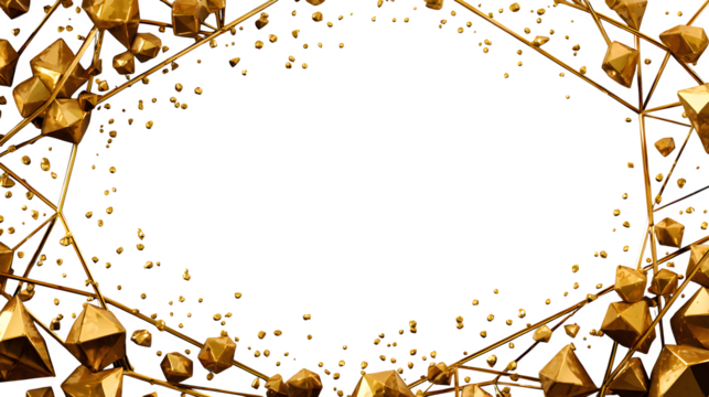 Gold foil overlay frame with scattered geometric shards and minimal polygon shapes on edges, futuristic aesthetic, white background, isolated to transparent background
