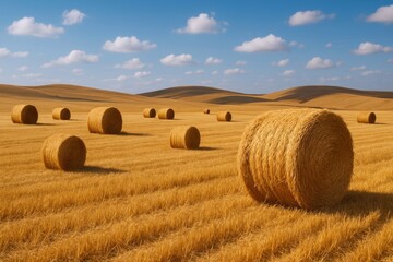 Fototapeta premium Golden Wheat Bales Rest on Rolling Hills under Blue Sky, presenting autumn's bounty with warmth, harvest celebration and countryside tranquility.