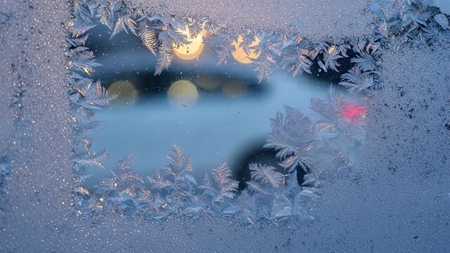 Frosty Window.
Description A window covered in frost, with a rectangular clear patch and blurred lights behind
